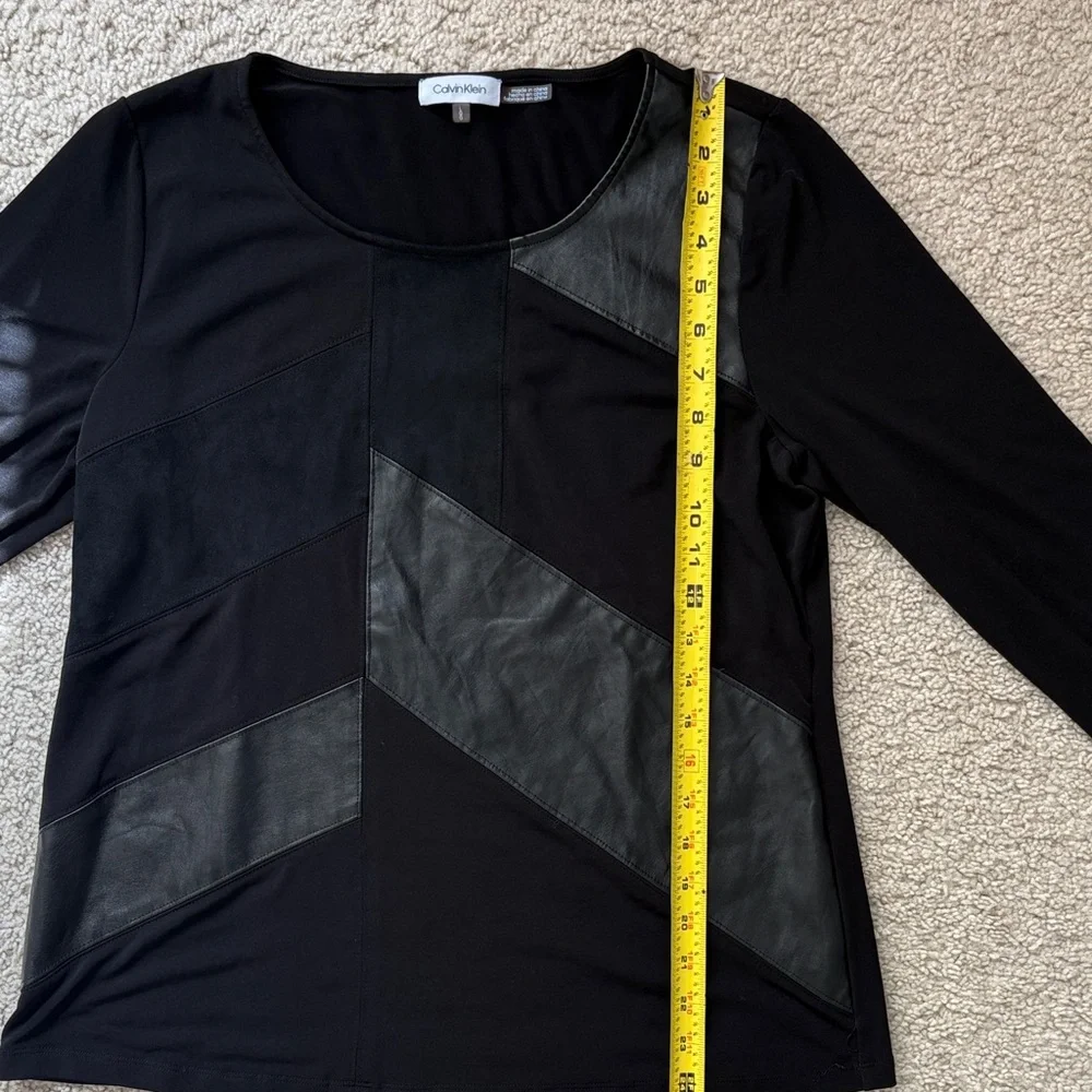 Calvin Klein Women's Black Long Sleeve Top with Faux Leather Details - Picture 6 of 7